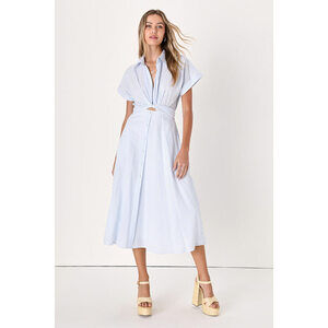 Lulus Adorable Impression White And Blue Midi Dress With Pockets - Size M